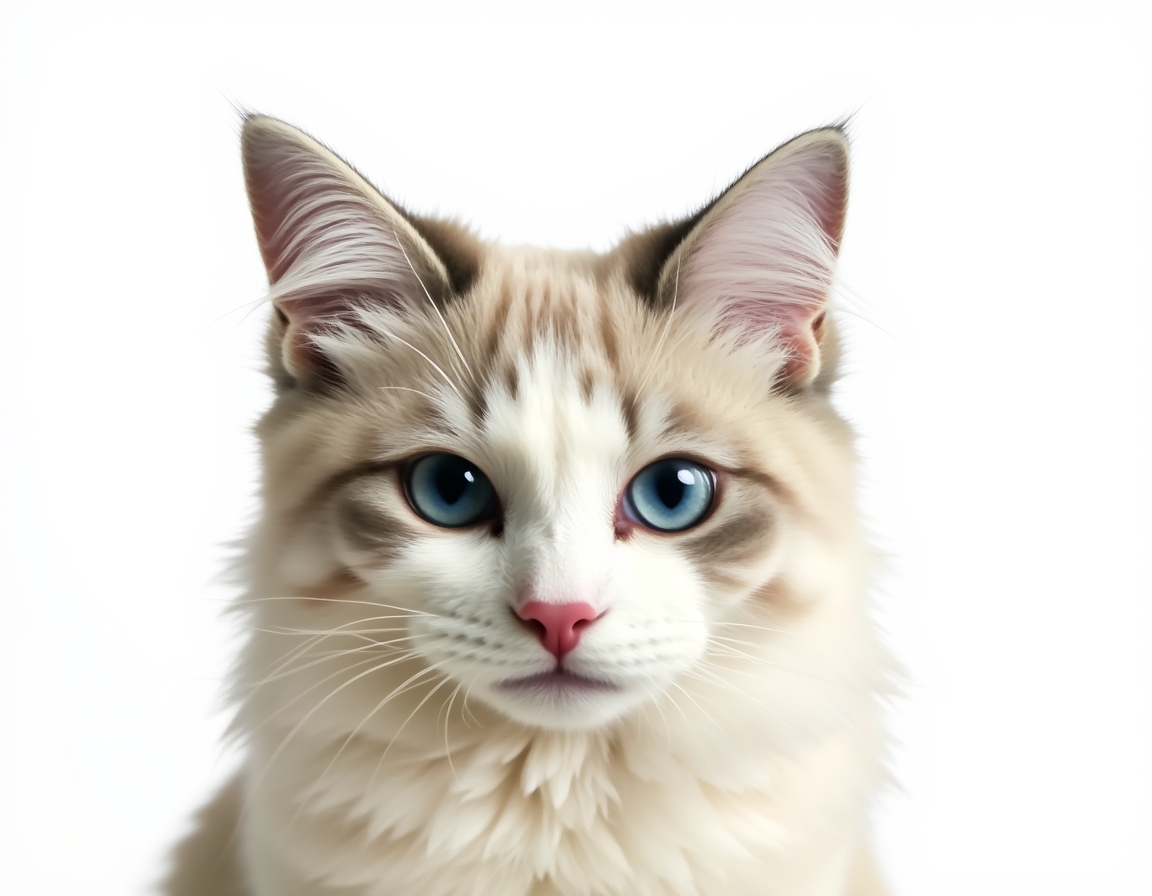 Close-up portrait of cat on a white background, with its alert expression and intricate details of its fur and whiskers in sharp focus.